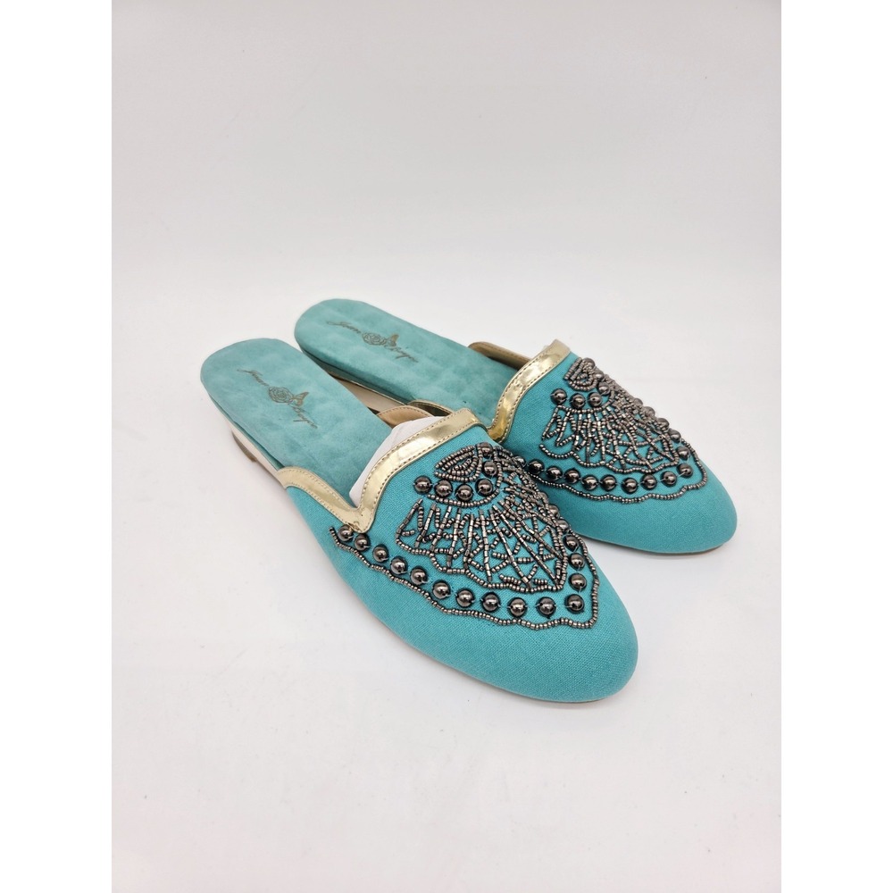 Joan Boyce Women's Velvet Style Turquoise Rhinestone Beaded BLue Flats Slip 9.5